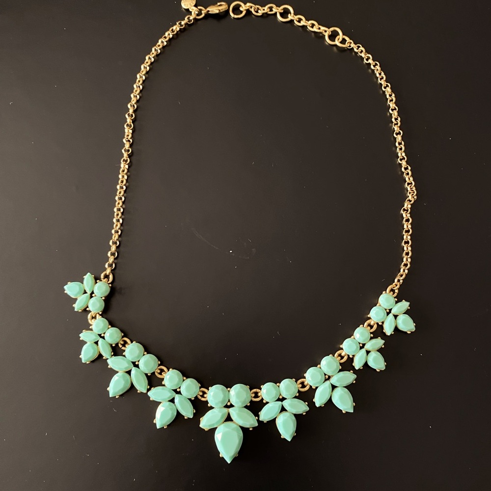 J. CREW Light Green Beaded Flowers Bib Necklace Gold Tone
